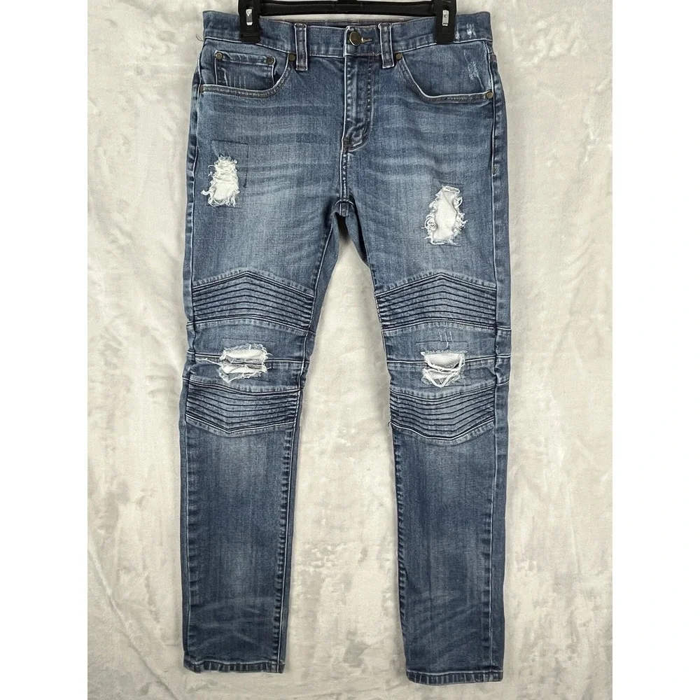 RSQ Jeans Men 31x32 Blue Wash Denim London Skinny Stretch Distressed Rip Biker